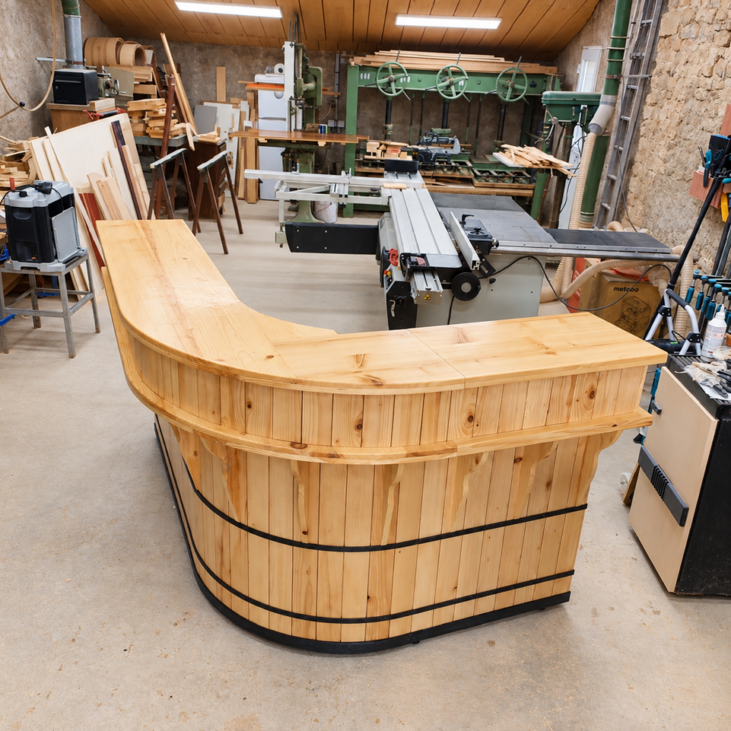 Vue de trois-quarts du bar de terrasse en bois
