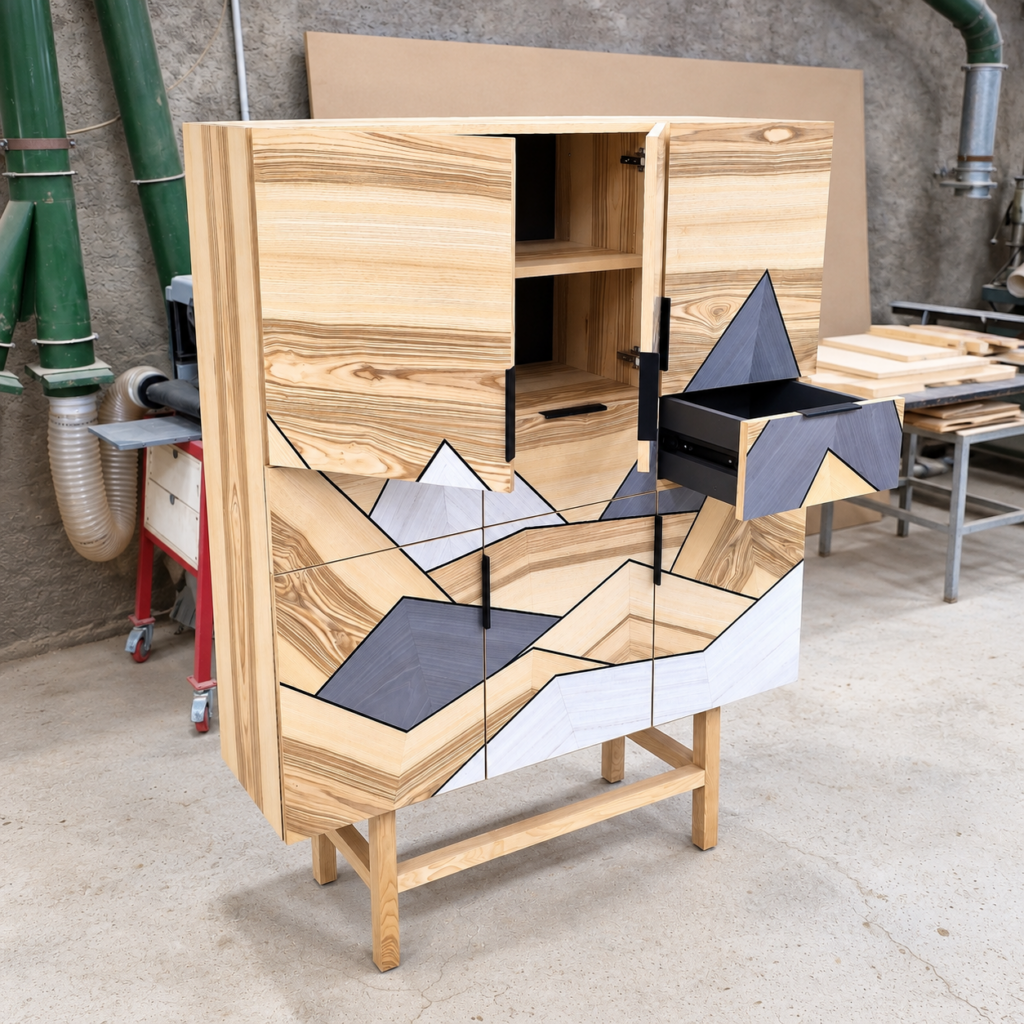 Buffet haut en frêne et marqueterie dans l'atelier