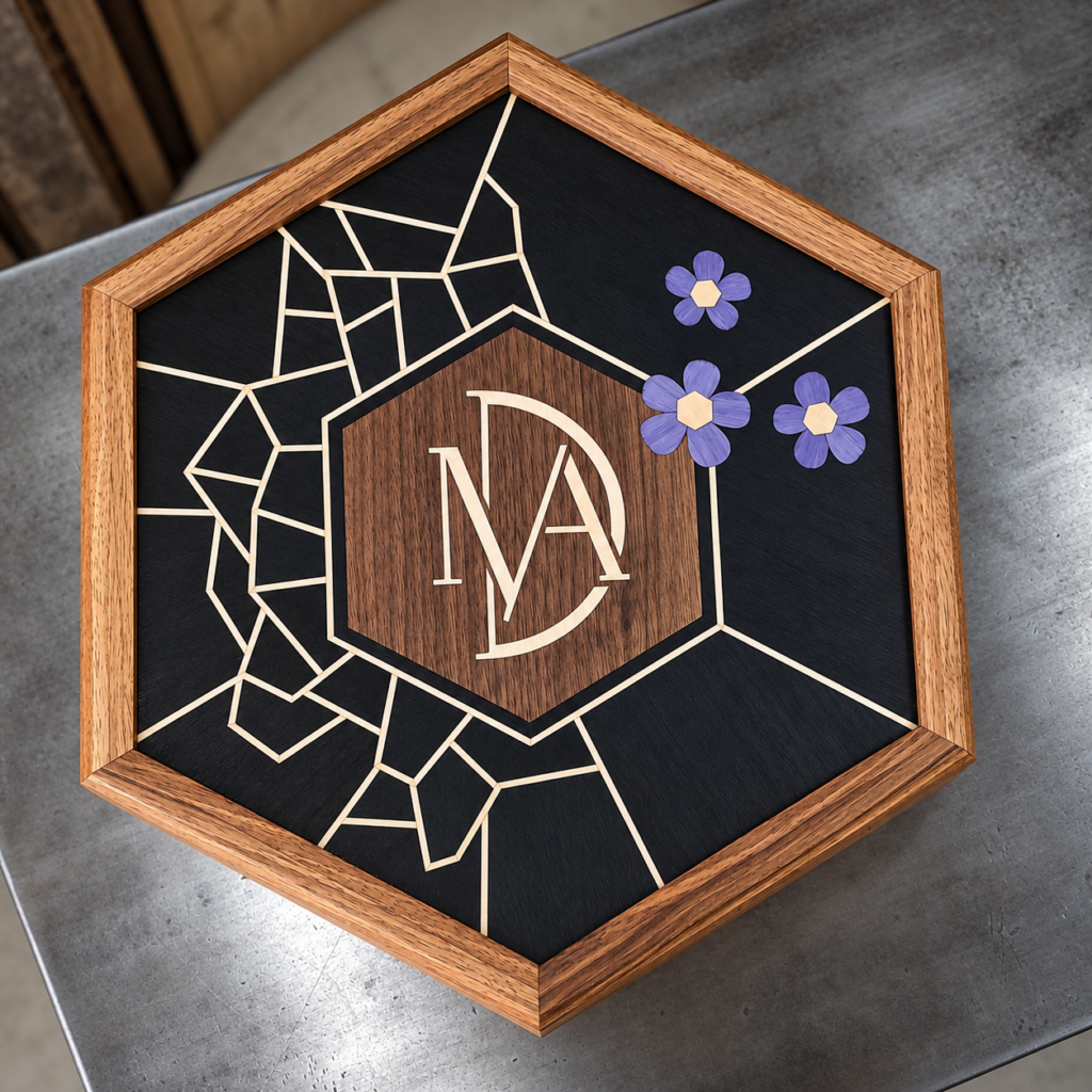 Vue du dessus du coffret en noyer avec marqueterie