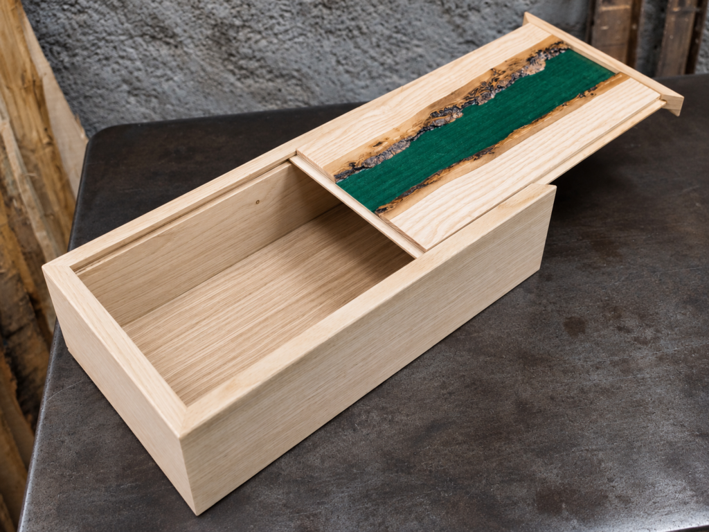 Coffret en frêne ouvert avec couvercle coulissant en marqueterie
