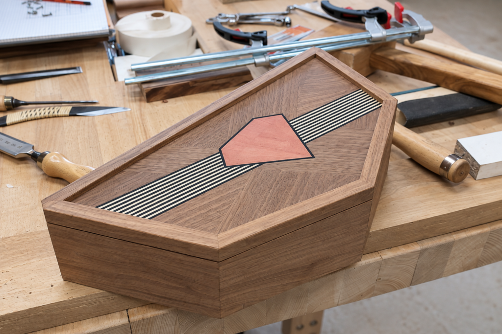 Coffret artisanal en noyer avec marqueterie géométrique