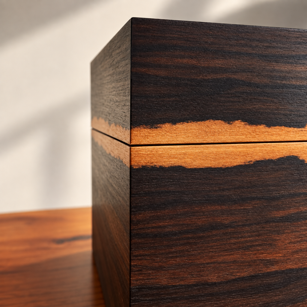 Détail du veinage du ziricote et de l'assemblage du coffret