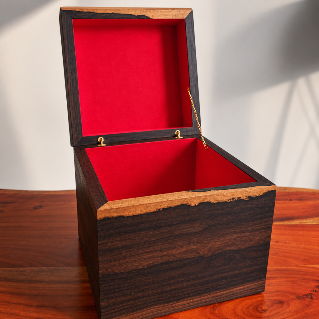 Coffret en ziricote ouvert avec intérieur rouge