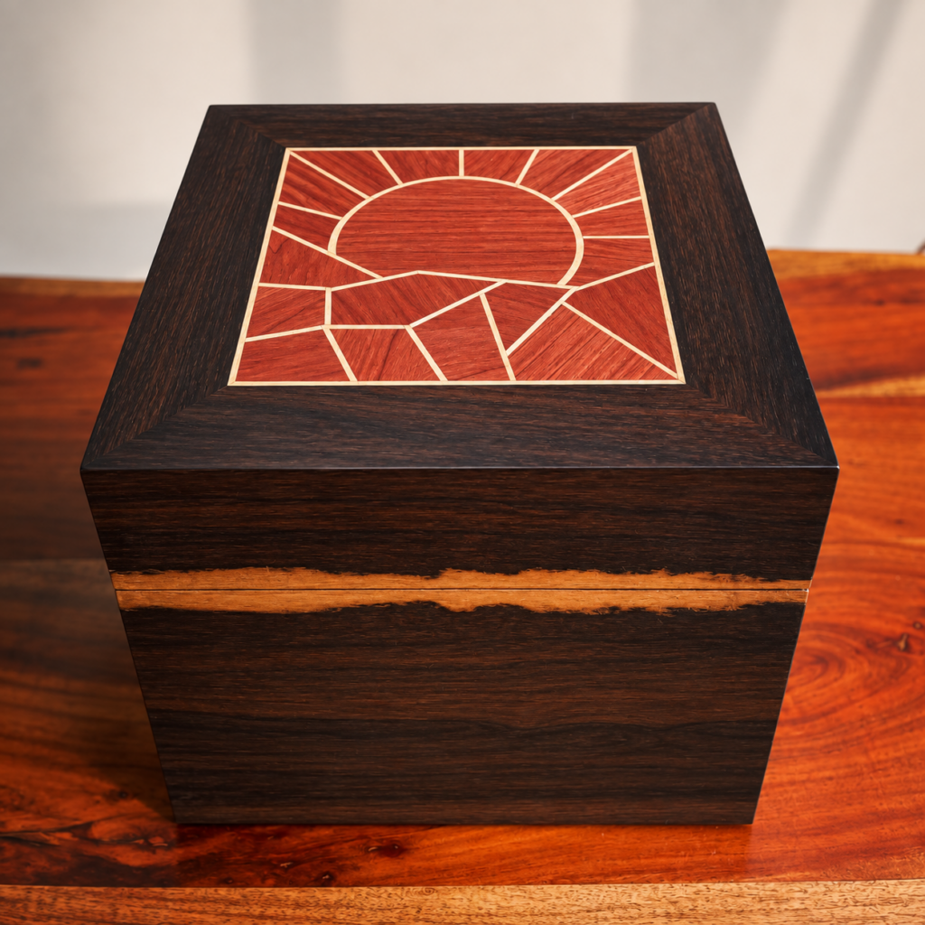 Vue de trois-quarts du coffret en ziricote et marqueterie