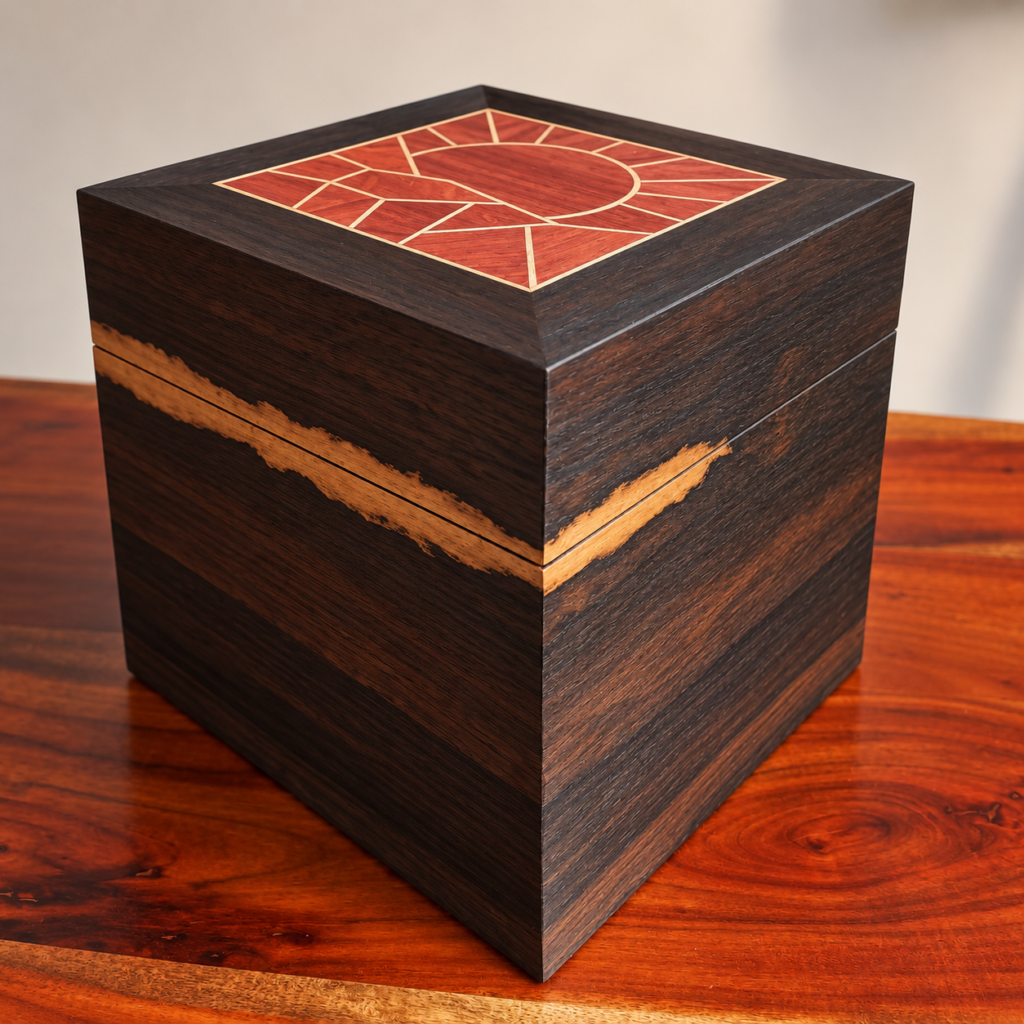 Coffret en ziricote fermé avec couvercle en marqueterie
