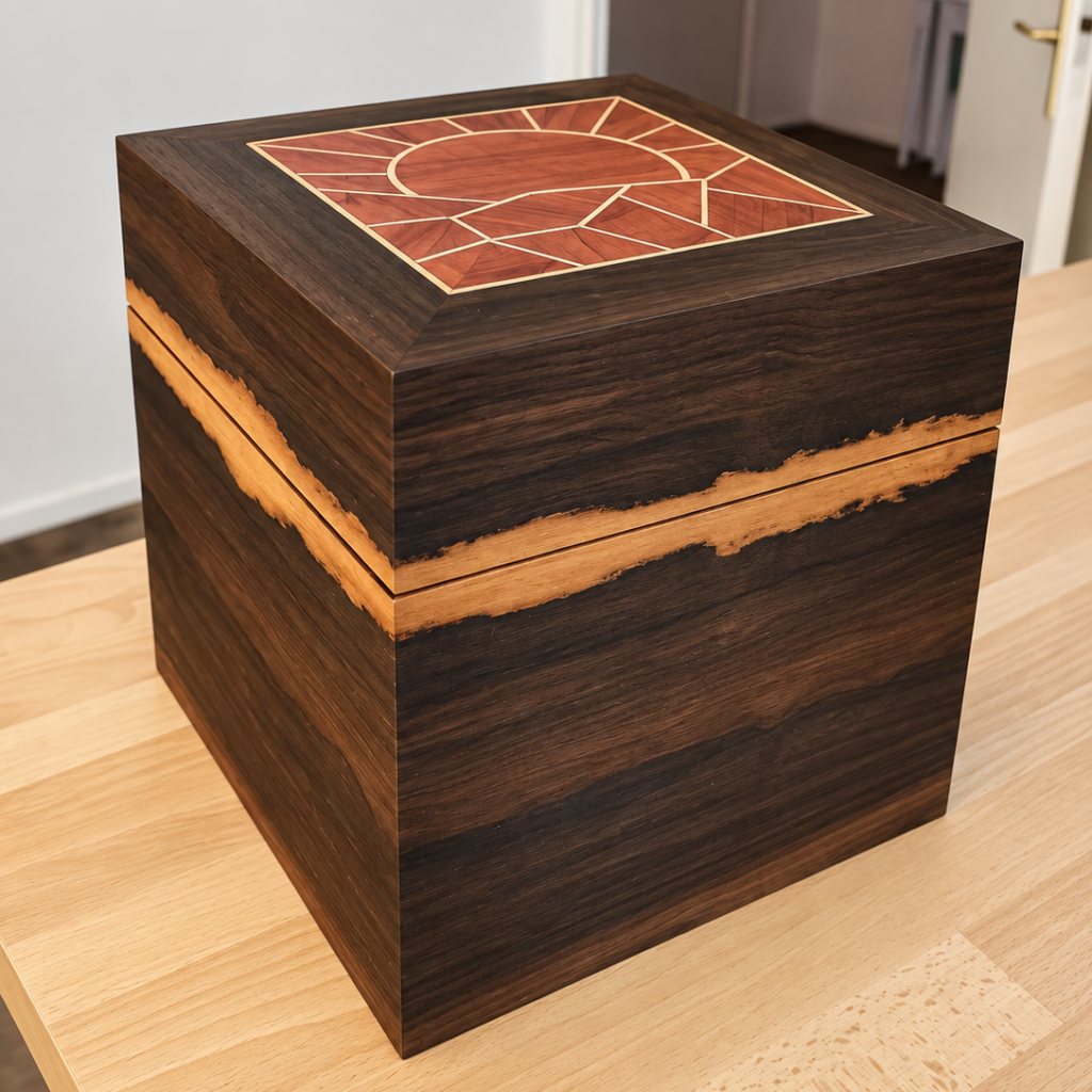 Coffret artisanal en ziricote avec marqueterie géométrique