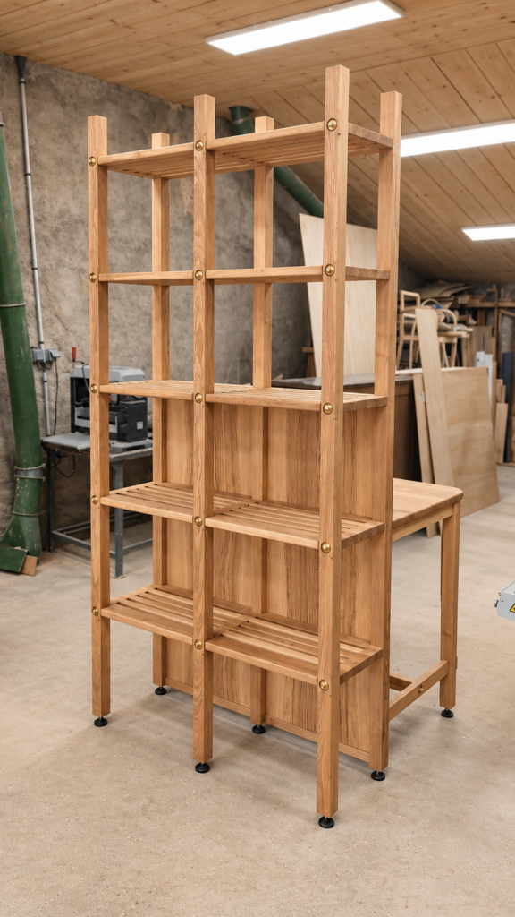 Étagère artisanale en frêne olivier vue de trois-quarts