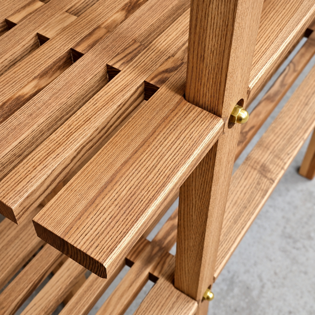 Détail des tablettes et assemblages en frêne olivier
