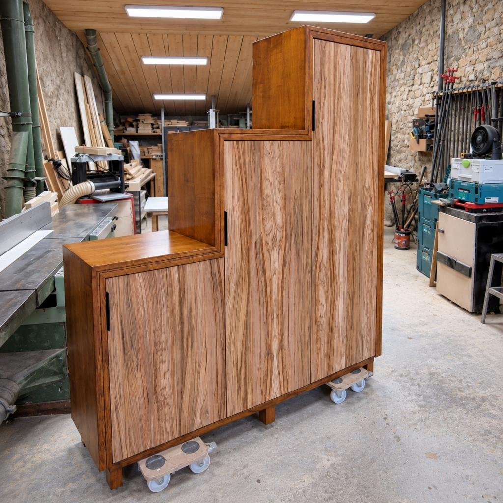 Meuble de rangement sur mesure en palier plaqué eucalyptus
