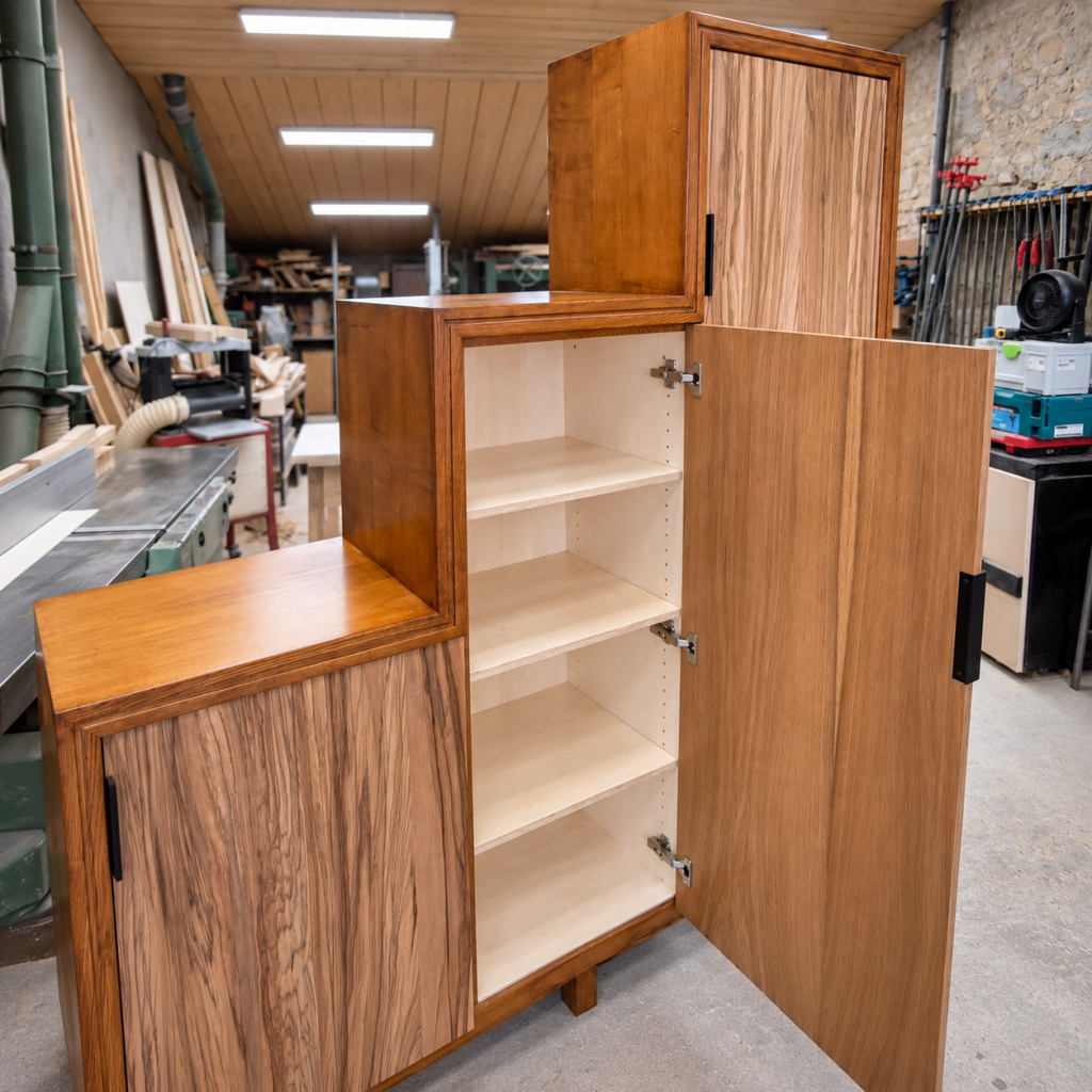 Meuble de rangement en palier avec portes ouvertes et rangements intérieurs