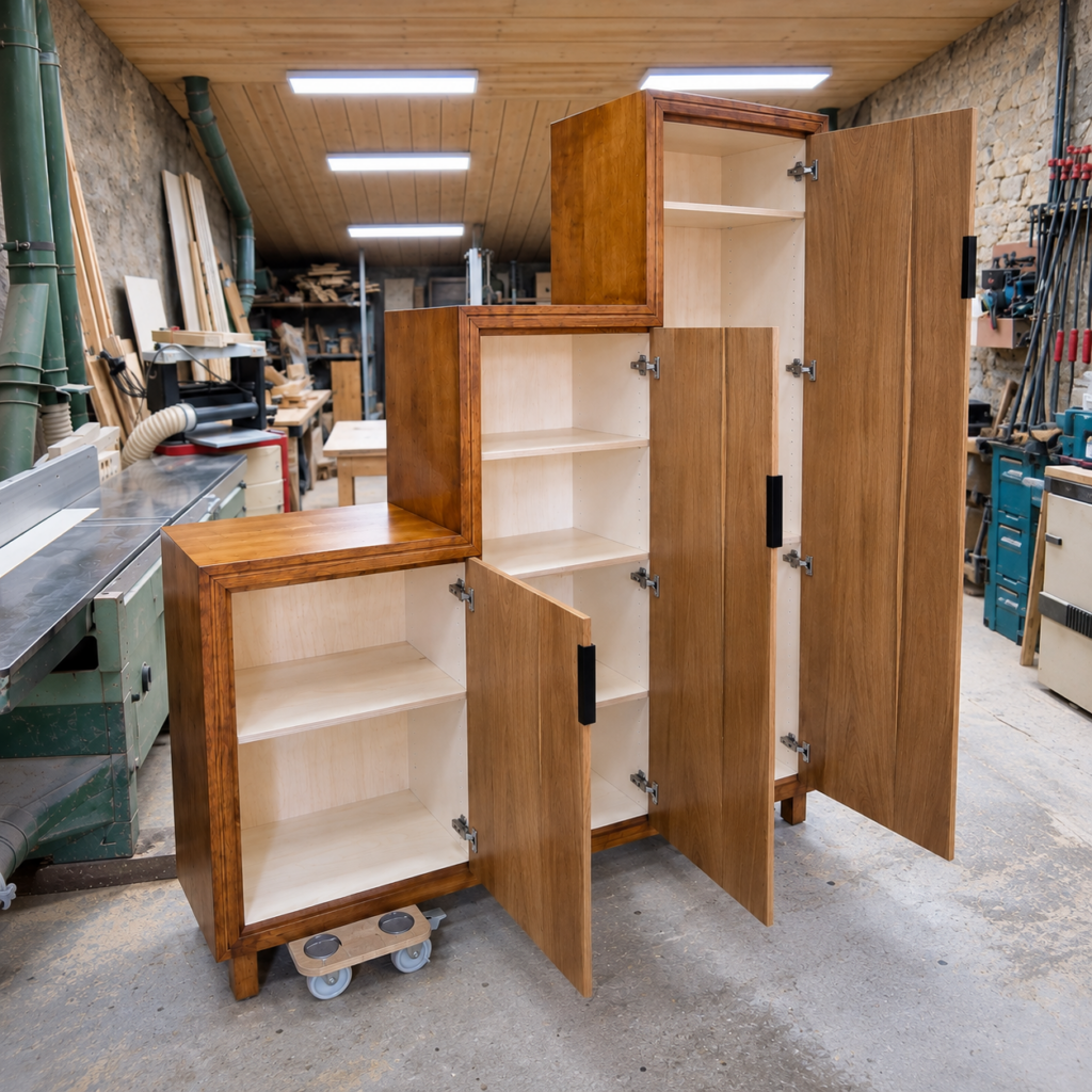 Meuble de rangement sur mesure ouvert avec étagères intérieures