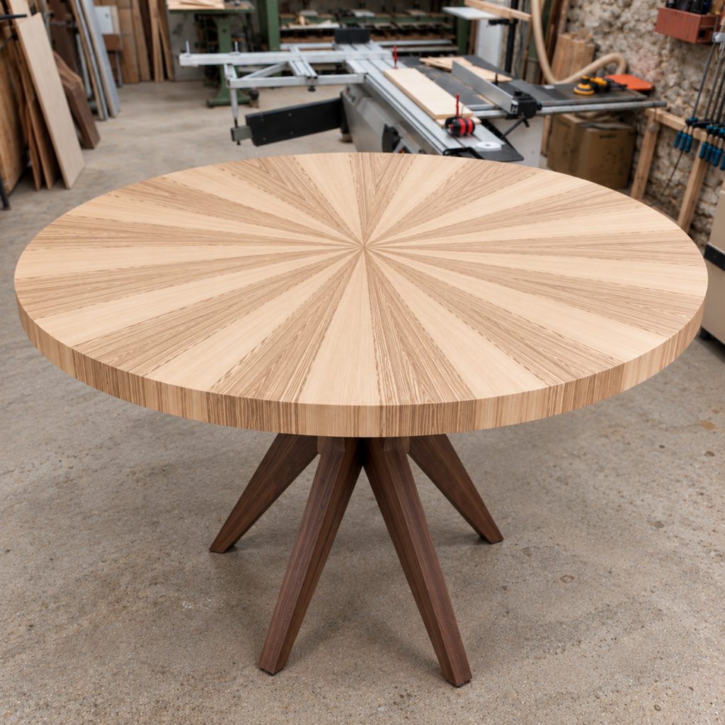 Table ronde en marqueterie avec piètement noir