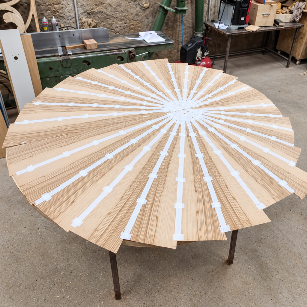 Fabrication artisanale du plateau de table en marqueterie
