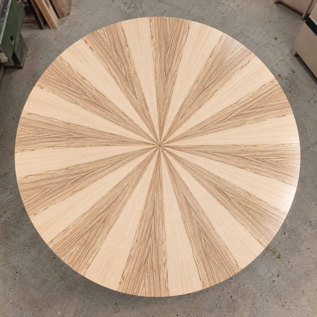 Plateau de table ronde en marqueterie à motif rayonnant