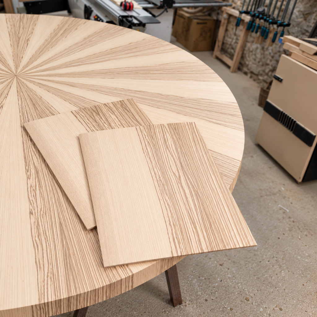 Détail du motif géométrique en marqueterie du plateau
